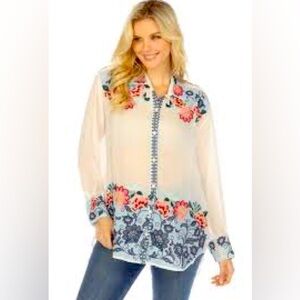 Johnny Was White Floral Embroidered Button-Down Blouse Boho Chic size small